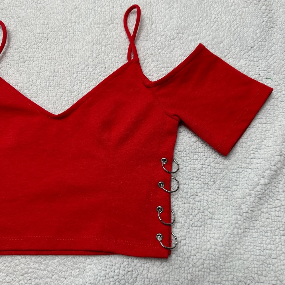 Women’s Red Topshop Cropped Top Cold Shoulder Spaghetti Strap V neck - Picture 4 of 14